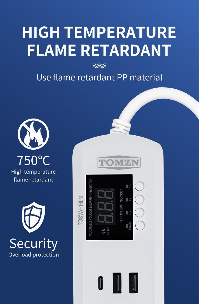 Мережевий фільтр TOMZN TOSVA-16LM, подовжувач 1.5м із захистом, 3 розетки, 2×USB-A, 1×USB-C