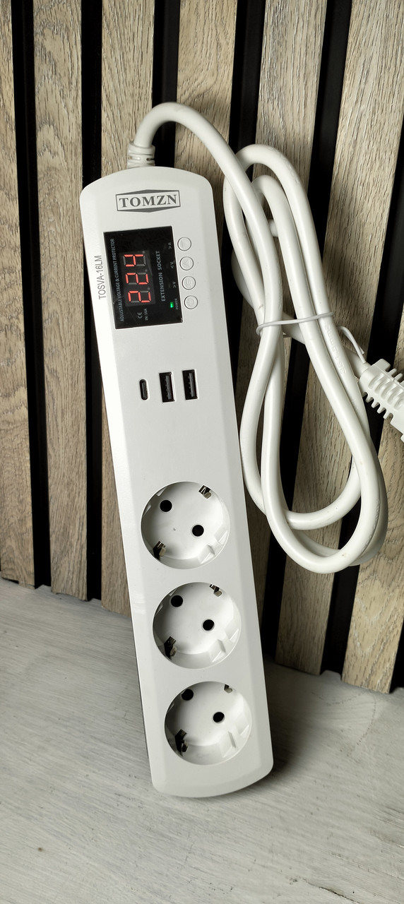 Мережевий фільтр TOMZN TOSVA-16LM, подовжувач 1.5м із захистом, 3 розетки, 2×USB-A, 1×USB-C