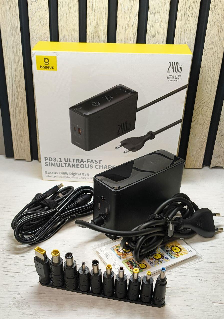 Комплект Baseus 240W Digital GaN Charger 3C+U+DC + 34PCS універсальні DC перехідники 5.5×2.1