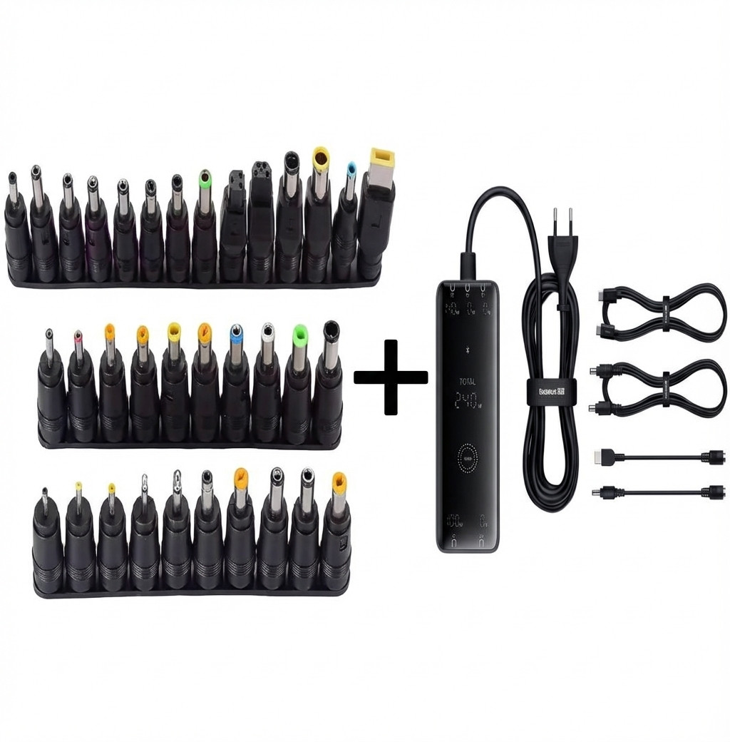 Комплект Baseus 240W Digital GaN Charger 3C+U+DC + 34PCS універсальні DC перехідники 5.5×2.1