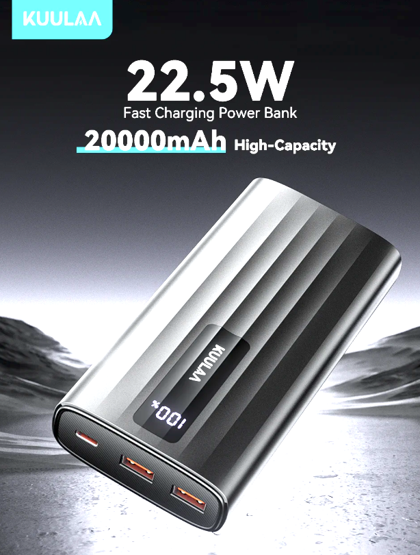 Павербанк KUULAA KL-YD112 20000 мАч 22.5 Вт, Power Bank з цифровим дисплеєм, чорний