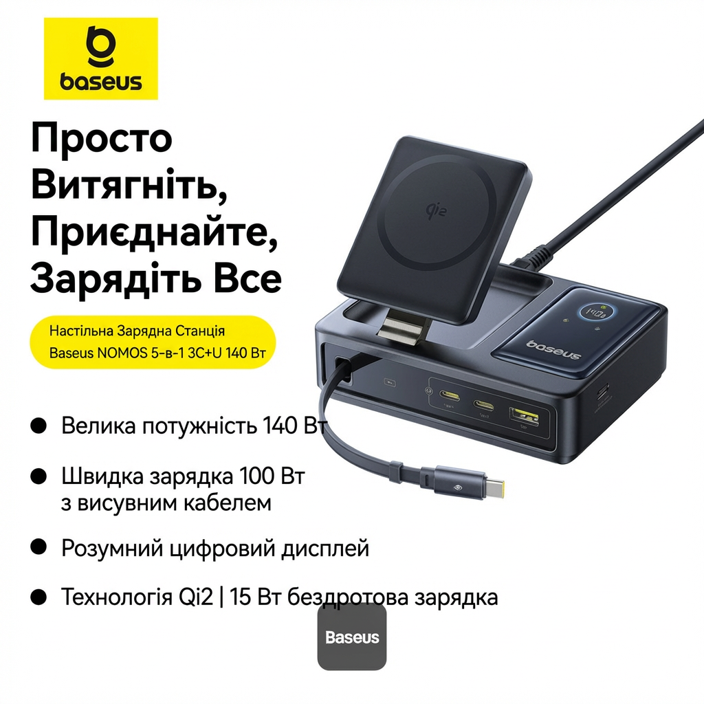 Baseus Nomos 5-in-1 Desktop Charger Qi2 140 Вт