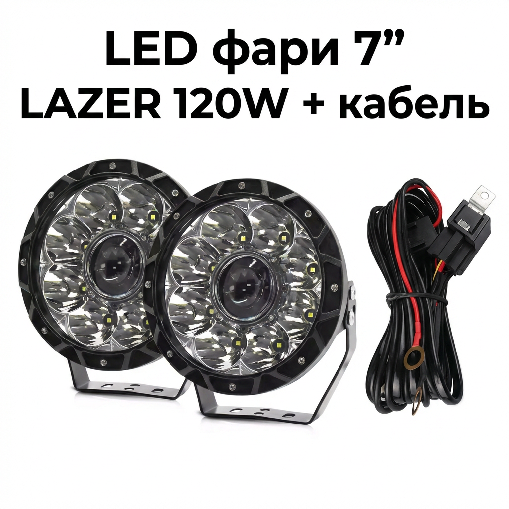 Світлодіодні фари MONDEVIEW E16 7" 120W 4200Lm LED лазерна оптика IP68 9-30V з кабелем