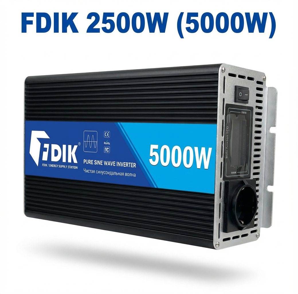 Інвертор FDIK A10 чиста синусоїда 5000W/2200W, 12V→220V, дисплей, CE