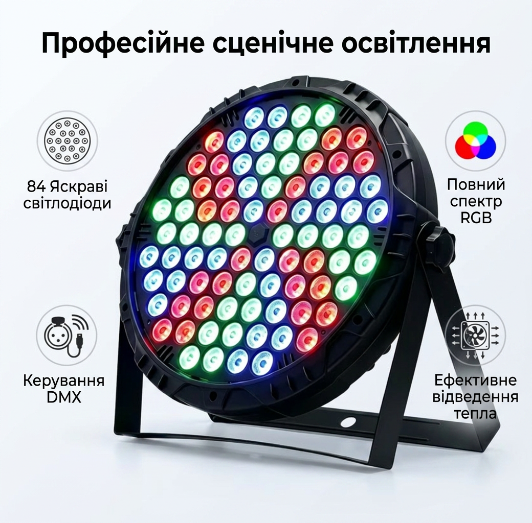 RGB LED PAR прожектор 100W 84 LED / DMX512 / світломузика