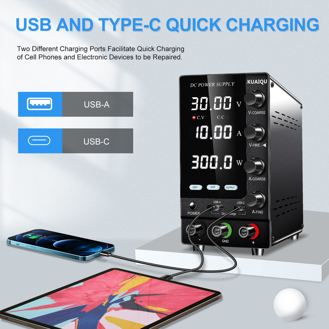Лабораторний блок живлення KUAIQU SPS-C3010S 0–30 В 0–10 А 300 Вт із захистом OCP/OVP